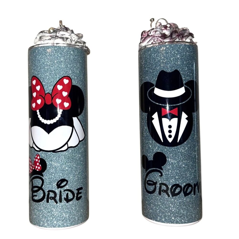 Bride & Groom Mouse-Themed Glitter Tumblers With Whipped Cream Lid Décor 10 Inch